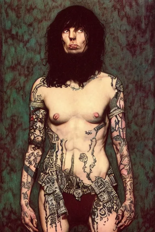 Image similar to full length portrait of made mikkelsen as a tattooed gothic punk by lawrence alma tadema and zdzislaw beksinski and norman rockwell and jack kirby and tom lovell and greg staples