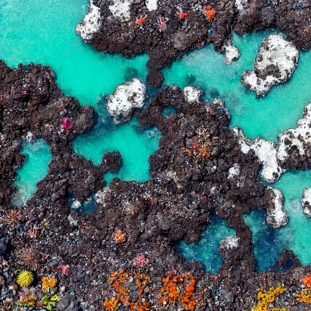 Image similar to birds eye view tide pools, clear pools of water with swirling sea foam and colorful anemones, dark black volcanic rock, floating kelp, small fishes, octopus