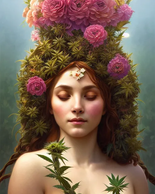 Image similar to portrait of goddess gaea, flowery face, upper body, decorated with cannabis flowers, intricate, elegant, highly detailed, digital painting, artstation, concept art, smooth, sharp focus, illustration, art by artgerm and greg rutkowski and alphonse mucha, 8 k