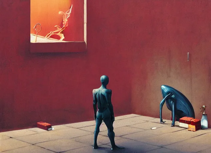 Prompt: a deity meeting a poor beggar on the streets of london edward hopper and james gilleard, zdzislaw beksinski, by greg rutkowski, exotic vegetation, tristan eaton, victo ngai, vibrant red background, whale skeleton, a still from the film alien, hyperrealism