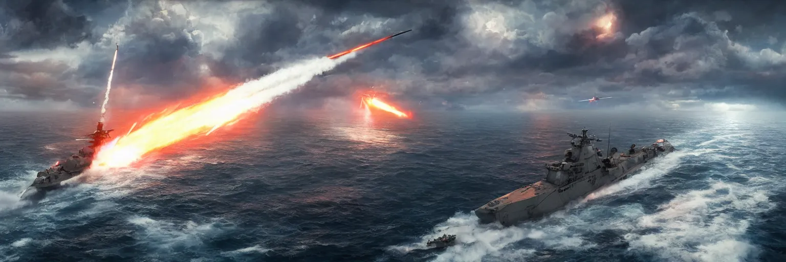 Image similar to aircraft destroyer firing intercontinental rocket In aa ocean storm, dramatic lighting, cinematic, establishing shot, extremly high detail, foto realistic, cinematic lighting, post processed, concept art, artstation, matte painting, style by eddie mendoza, raphael lacoste, alex ross