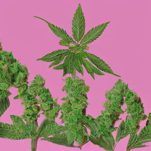 Image similar to marijuana placed as a abstract monument, pink elemenets, elegant, old-style