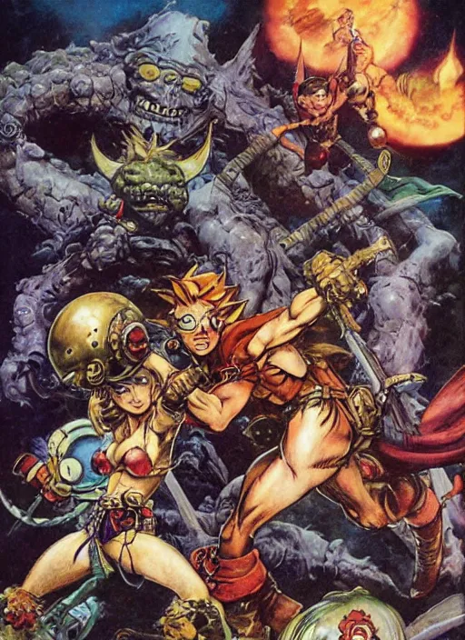 Prompt: chrono trigger as reimagined by frank frazetta and boris vallejo