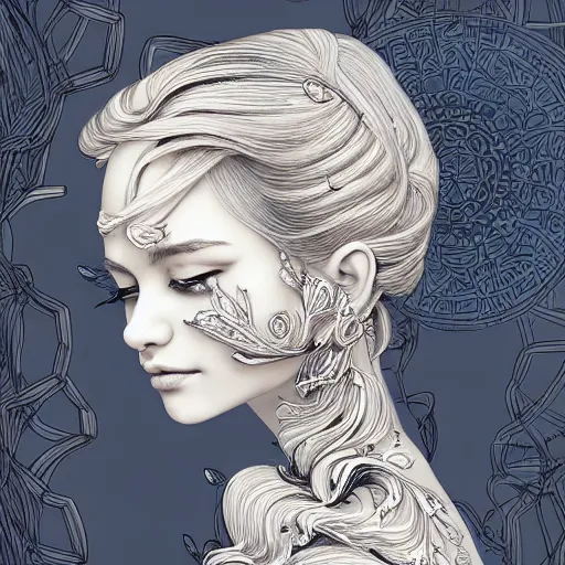 Image similar to a portrait of an incredibly beautiful, graceful, elegant, and sophisticated young blonde girl made of garlic, an ultrafine detailed illustration by james jean, intricate linework, bright colors, final fantasy, behance contest winner, vanitas, angular, altermodern, unreal engine 5 highly rendered, global illumination, radiant light, detailed and intricate environment