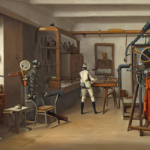 Image similar to workshop of a 1 9 th century diving suit engineer in the style of car spitzweg