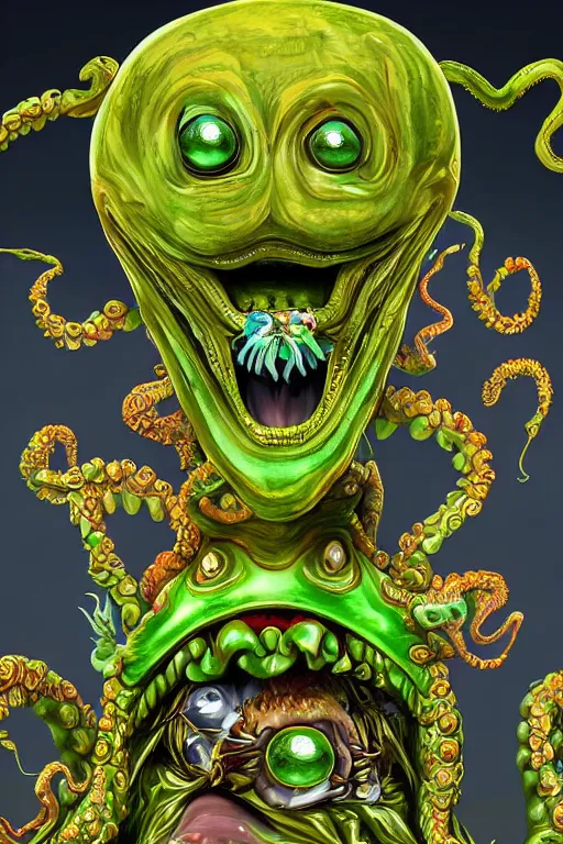 Image similar to a spectacular wideangle photorealistic, detailed digital art portrait of a laughing alien rococo alien queen with a alien green octopus head and golden jewelery, digital art