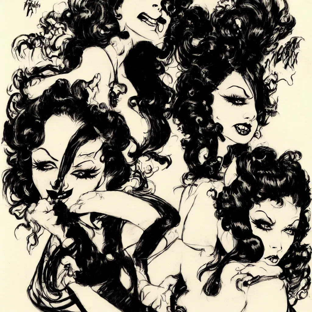 Image similar to of a goth girl burlesque psychobilly, rockabilly, punk, black hair, detailed face, white background, drawing, illustration by frank frazetta