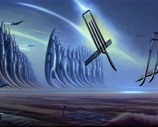 Prompt: The attack of the giant flying forks, sci-fi cinematic scene by Jim Burns