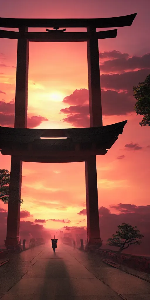 Image similar to Armed samurai standing under an enormous torii gate with the very very red rising sunrise ,hyper-realistic, your name sky, evening, octane rendering , inspired by Katsuhiro Otomo, pixelactivist