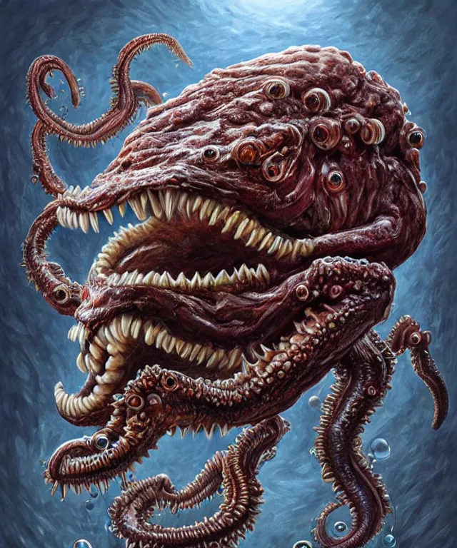 Image similar to hziulquoigmnzhah, large mouth with teeth, head dangling underneath body!!!!, spherical body, elongated arms, short legs, lovecraftian horror!, surrealism, fantasy, intricate, elegant, highly detailed, digital painting, artstation, concept art, matte, sharp focus, illustration, art by keith thompson and christopher lane