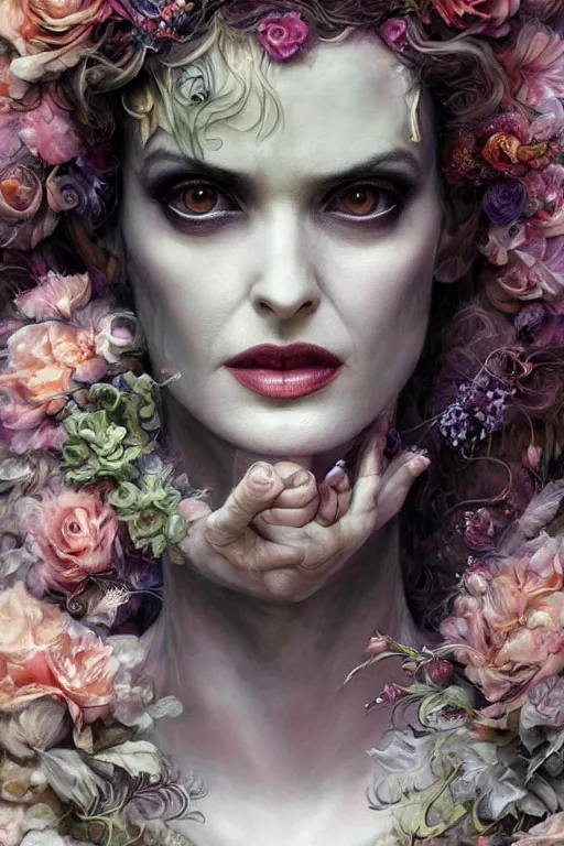 Prompt: closeup portrait shot of winona ryder as delirium of the endless, the sandman, the fairy queen, floral growth, thick fancy makeup, highly detailed, digital painting, artstation, concept art, soft focus, depth of field, artgerm, tomasz alen kopera, peter mohrbacher, donato giancola, wlop, boris vallejo