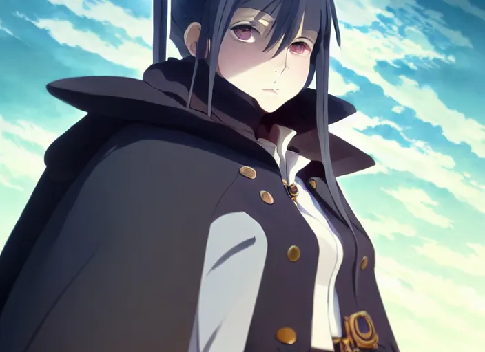 Prompt: portrait of inquisitor maria, azur sky landscape, helm of second world war warship in background, illustration concept art anime key visual trending pixiv fanbox by wlop and greg rutkowski and makoto shinkai and studio ghibli and kyoto animation, dark fantasy, symmetrical facial features, astral witch clothes, dieselpunk, gapmoe yandere grimdark, backlit