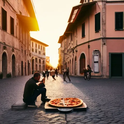 Prompt: a man and a woman eating a pizza in Pisa, Italy. Sunset, street photgraphy