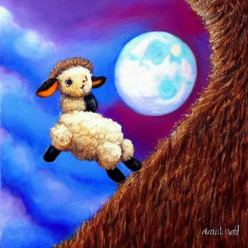 Prompt: cute wooly baby sheep jumping over the moon detailed magical realism painting