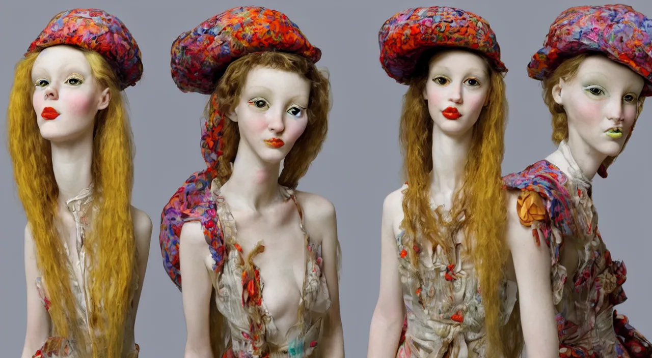 Prompt: full size tall ball - jointed human doll by zahar bakutin and john currin, weird high fashion colorful clothes!, beautiful detailed face!, interesting hat!, unique design, strange surreal extravagant clothes, reference sheet, white background