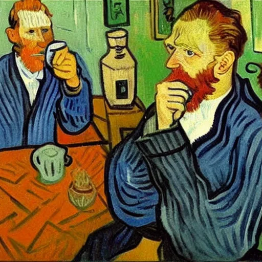 Prompt: Van Gogh drinking coffee with Picasso, oil painting