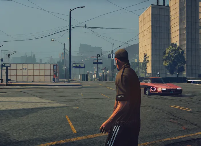 Image similar to cinematic screenshot gta 5, rain, man in adidas tracksuit, churches, buildings, road, moskvich, rtx reflections, gta vi, moscow, soviet apartment buildings, award winning, artstation, intricate details, realistic, hyperdetailed, 8 k resolution