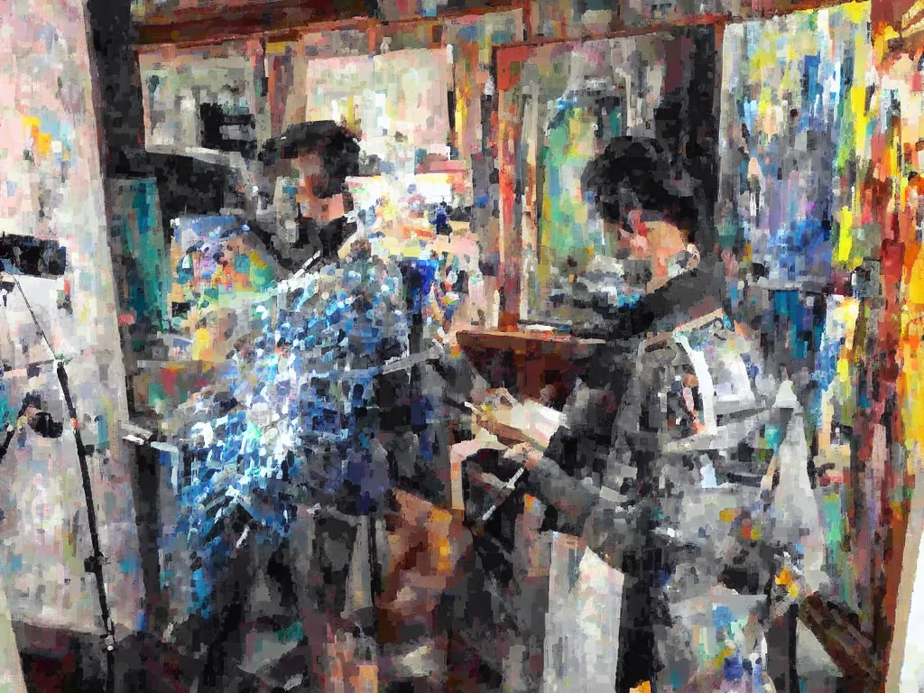 Prompt: an artificial intelligence painting a masterpiece self - portrait in his studio