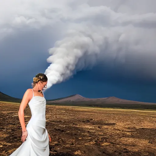 Prompt: a tornado in a wedding dress marrying a volcano in a wedding dress, professional wedding photography, 8 k photo