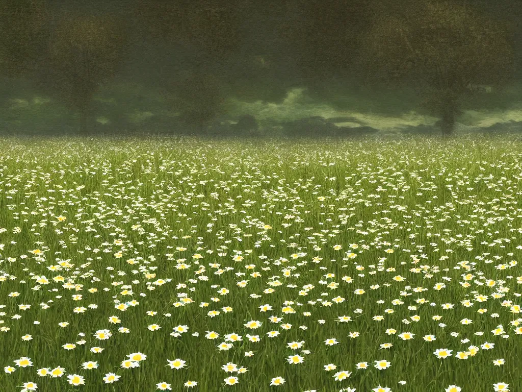 Prompt: rendering of a scene with a meadow full of daisies, matte painting