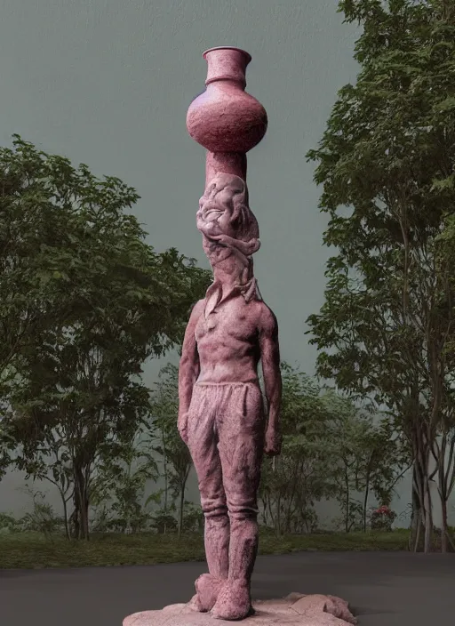 Image similar to a sculpture of a man standing next to a tall vase, a raytraced image by Hikari Shimoda, polycount, video art, vray tracing, ray tracing, rendered in unreal engine