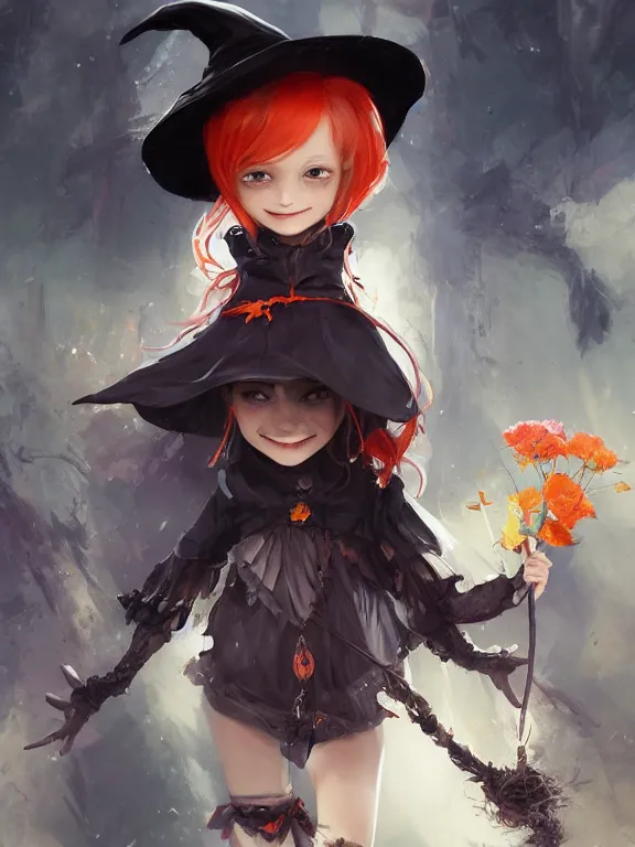 Image similar to Full shot of a mischievous young witch with a cute smile about to get up to some trouble. Latin inspired fashion. Black and Orange palette. Latina girl. From Encanto. By Ruan Jia and Artgerm and Range Murata and WLOP and CLAMP and Loish. Key Art. Fantasy Illustration. award winning, Artstation, intricate details, realistic, Hyperdetailed, 8k resolution.