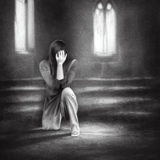 Prompt: a woman on her knees with her face in her hands in the middle of a dilapidated church, charcoal background, photo realistic woman