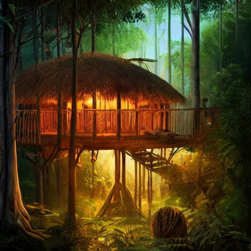 Prompt: a photoreal painting of a Lighted tree house in the Amazon rainforest. Trending on artstation,by Nikita Pilyukshin.