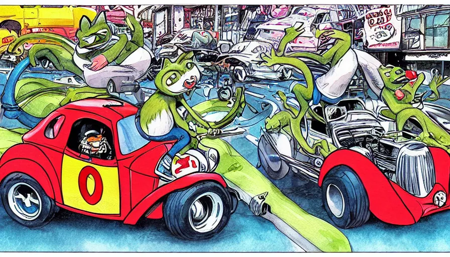 Image similar to funny, comic book style, racoon riding in a tiny hot rod coupe with oversized engine, ratfink style by ed roth, centered award winning watercolor pen illustration, by chihiro iwasaki, edited by range murata