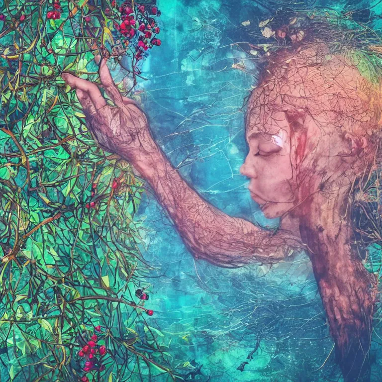 Image similar to human with the sea and the forest inside, veins diverge through the body like rivers filmed on a satellite, a person is decorated with wild berries, a beautiful bird is looking at him next, colorful picture