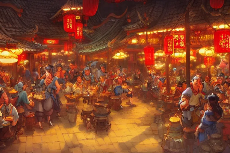 Image similar to fantasy art of a bustling tavern in china, at night, by jesper ejsing, highly detailed digital art, trending on artstation
