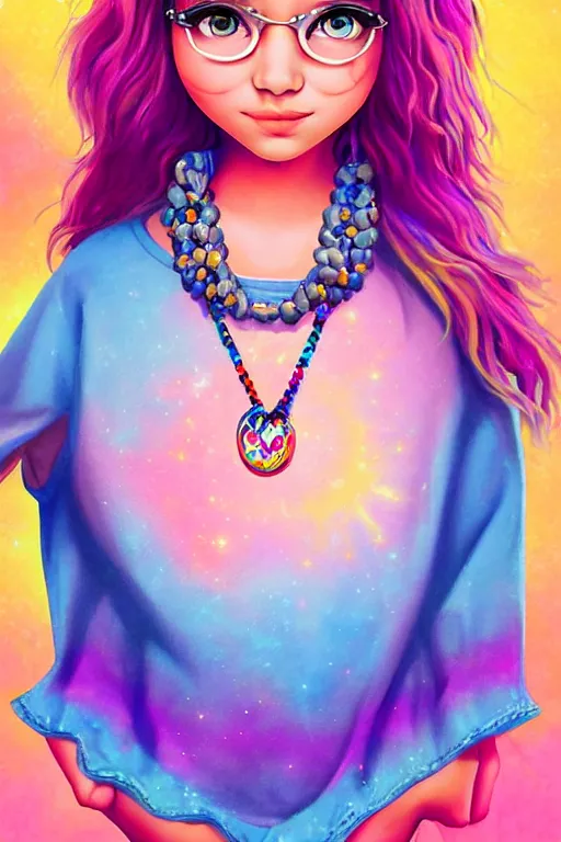 Image similar to matte sharp painting cute little girl hippy denim bellbottom bead necklace, painted by mark rydel artstation behance storybook lisa frank