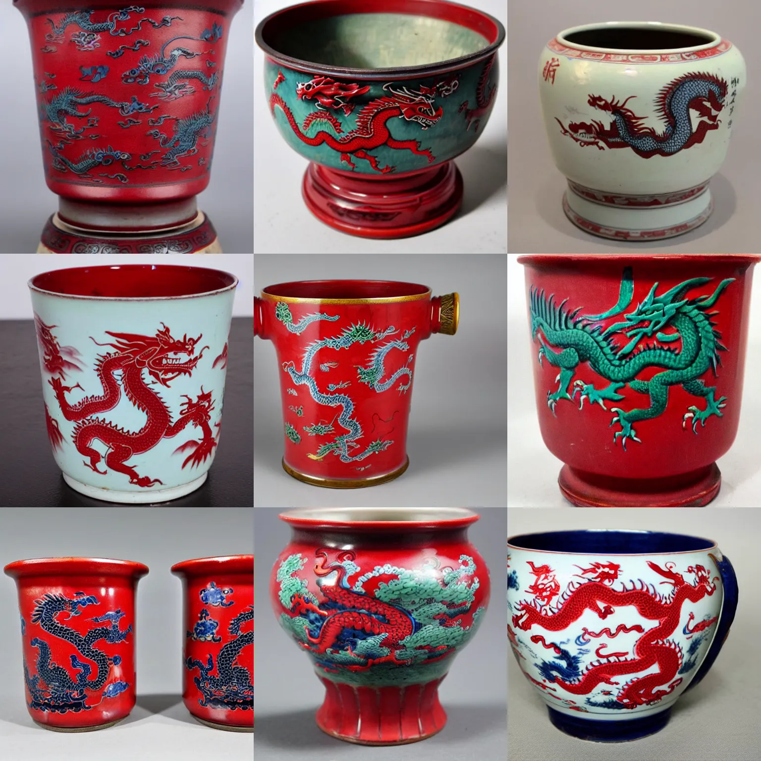 Prompt: chinese porcelain brush pot iron red dragons circa 1 9 3 0