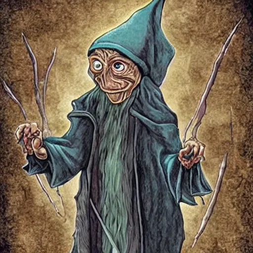 Prompt: Gollum wizard, harry potter style, magic, spells