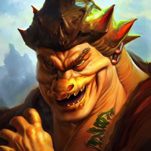 Prompt: An ultra realistic portrait painting of Bowser in the style of Frank Frazetta, 4k, Ultra realistic, Highly Detailed, Dark Fantasy, Epic Lighting