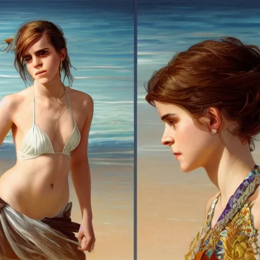 Image similar to ultra realistic illustration, wide angle shot, emma watson on a beach, intricate, elegant, highly detailed, digital painting, artstation, concept art, smooth, sharp focus, by artgerm and greg rutkowski and alphonse mucha