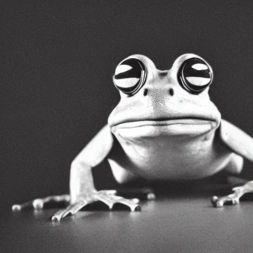 Image similar to cyborg frog with a camera lens as a head, front profile mugshot, monochromatic photo