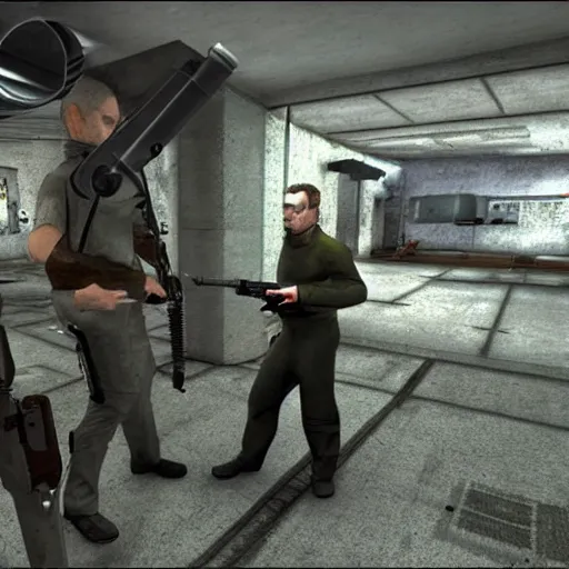 Prompt: gordon freeman vs james bond photorealistic gun fight in an abandoned hospital halflife goldeneye