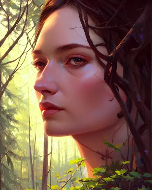 Image similar to stylized portrait of an artistic pose, composition, old forest witch surrounded by nature, realistic shaded, fine details, realistic shaded lighting poster by ilya kuvshinov, magali villeneuve, artgerm, jeremy lipkin and michael garmash and rob rey