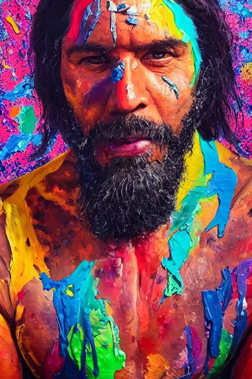 Prompt: palette knife oil painting portrait of a middle aged, athletic, lean, aboriginal australian hipster, open shirt, body paint, psychedelic, dreamtime, nightclub background, small smile, artstation trending, artgerm, any racial background, deviant art, hipster, octane, substance, art history 8 k