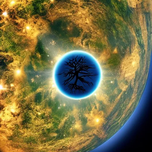 Prompt: godly tree of life seen from outer space engulfs the earth