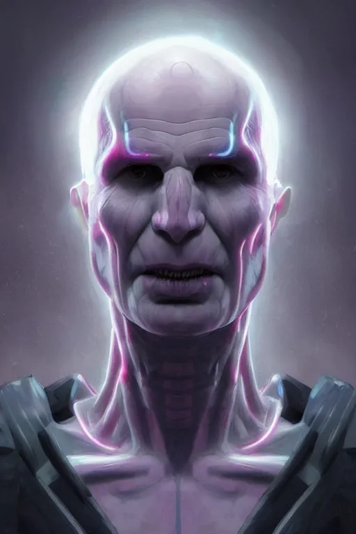 Image similar to cyborg Lord Voldemort without nose in cyberpunk, neon lighting, digital art from artstation by Ruan Jia and Mandy Jurgens and Artgerm and william-adolphe bouguereau and Greg Rutkowski and Wayne Barlowe