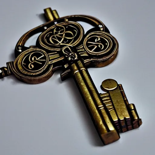 Image similar to a large ornate key with gems and engraved runes, d & d, photo