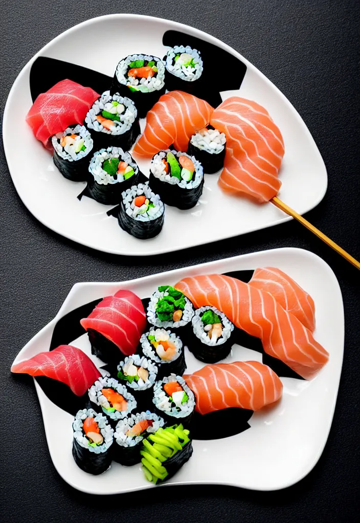 Prompt: extreme closeup of a single plate of sushi, hyper minimalist geometric 9 0 s graphic design in the style of buro destrukt and die gestalten verlag