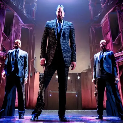 Image similar to Production photo of John Wick the musical on broadway, dancing, singing, fighting, John Wick costumes by Julie Taymor, set design by Julie Taymor