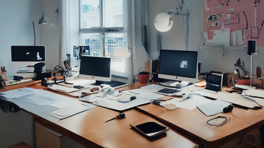 Prompt: the desk of a famous web designer working with apple computer, stylized retro minimalist design, loftis, cory behance hd, by moebius, makoto shinkai and lois van baarle, ilya kuvshinov, rossdraws global illumination