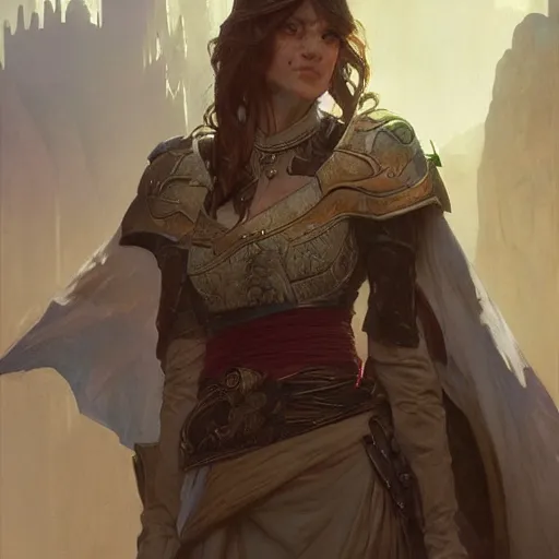 Image similar to portrait of an artificer, dungeons and dragons character, dramatic lighting, castle background, gorgeous view, realistic, high detail, digital art, painted by greg rutkowski, painted by jeremy mann, painted by alphonse mucha, trending on artstation