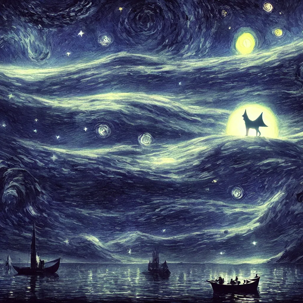 Image similar to matte painting. it's the way of a cosmic sailor, in a boat in the night, but the wolves are not scaring him, starry night, glow, beautiful milkyway, scary, sifi, deep space, dark cyberpunk