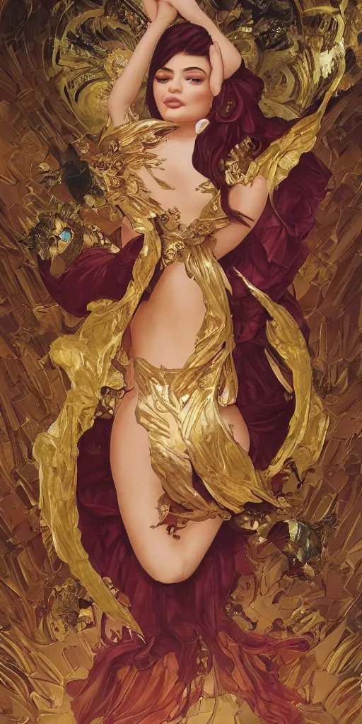 Prompt: Kylie Jenner as a golden statue, highly detailed, digital painting, artstation, concept art, smooth, sharp focus, illustration, ArtStation, art by artgerm and greg rutkowski and alphonse mucha and J. C. Leyendecker and Edmund Blair Leighton and Katsuhiro Otomo and Geof Darrow and Phil hale and Ashley wood and Ilya repin and Charlie Bowater