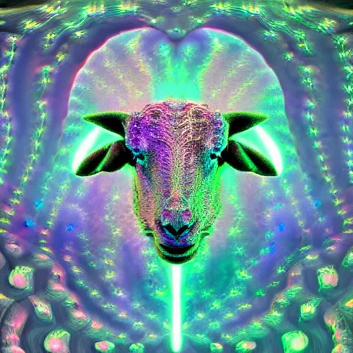 Image similar to a crystalline 3 d mandelbulb fractal in the shape of a lamb, bioluminescent opal, fractal, magnificent lighting, ethereal, ray tracing, octane, holographic, portrait